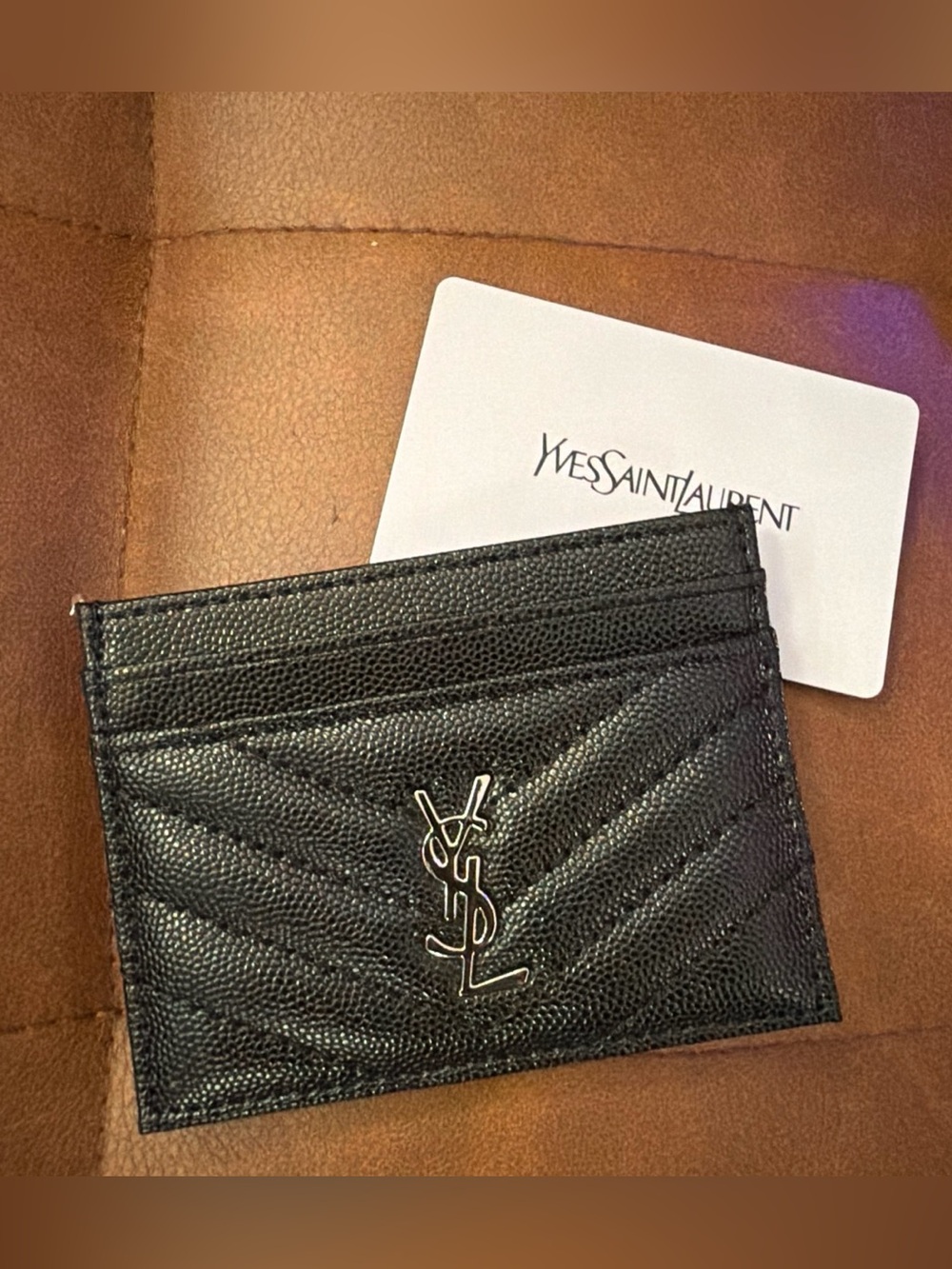Saint Laurent Black Quilted Leather Card Case with Silver YSL Logo